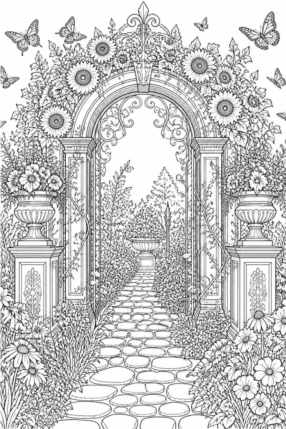 Black and white coloring page of a garden arch covered in sunflowers and ivy, flanked by stone planters, butterflies flying above