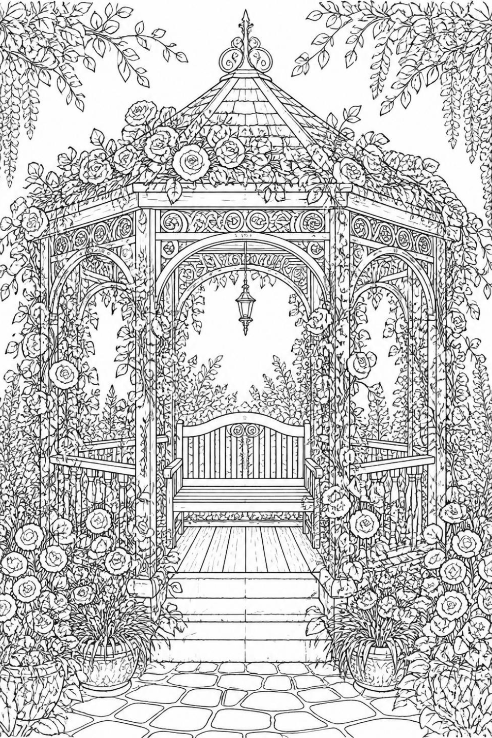 Black and white coloring page of a rose-covered garden gazebo with a wooden bench, surrounded by potted flowers and stone steps