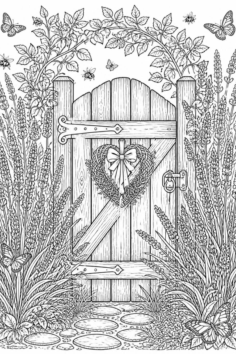 Black and white coloring page of a rustic wooden garden gate surrounded by lavender bushes and tall grasses
