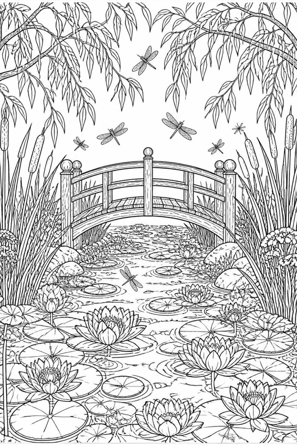 Black and white coloring page of a small wooden bridge over a lily pond, with dragonflies and overhanging branches