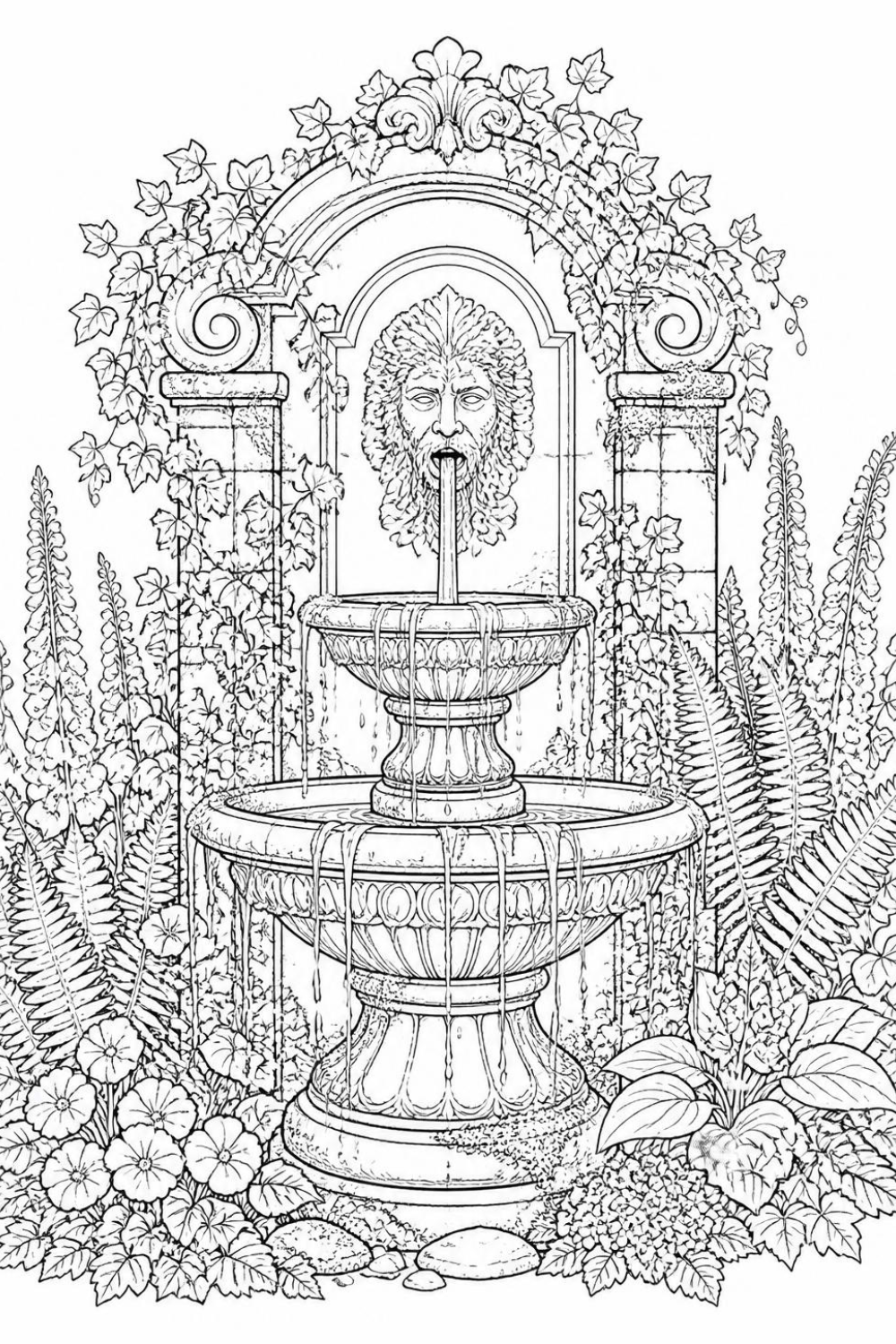 Black and white coloring page of an ornate stone fountain covered in ivy, surrounded by ferns and blooming flowers