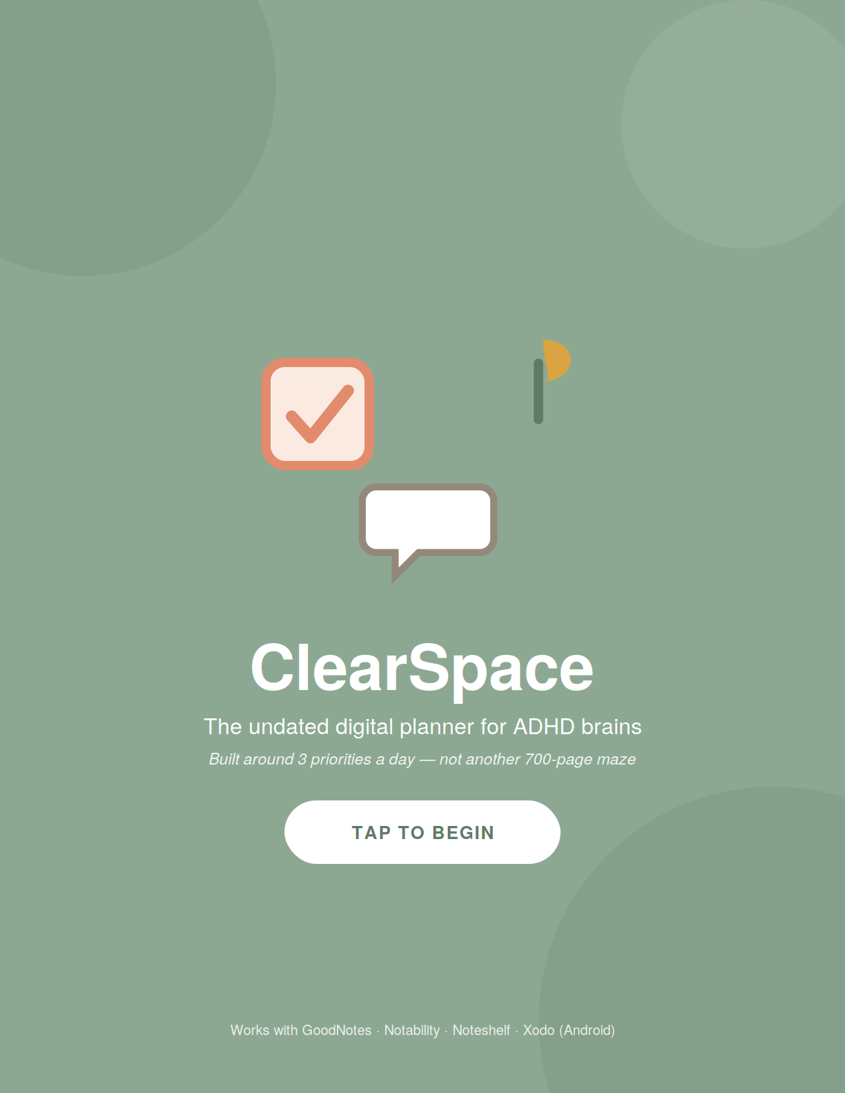 ClearSpace ADHD Digital Planner — Undated, Hyperlinked, GoodNotes-Ready