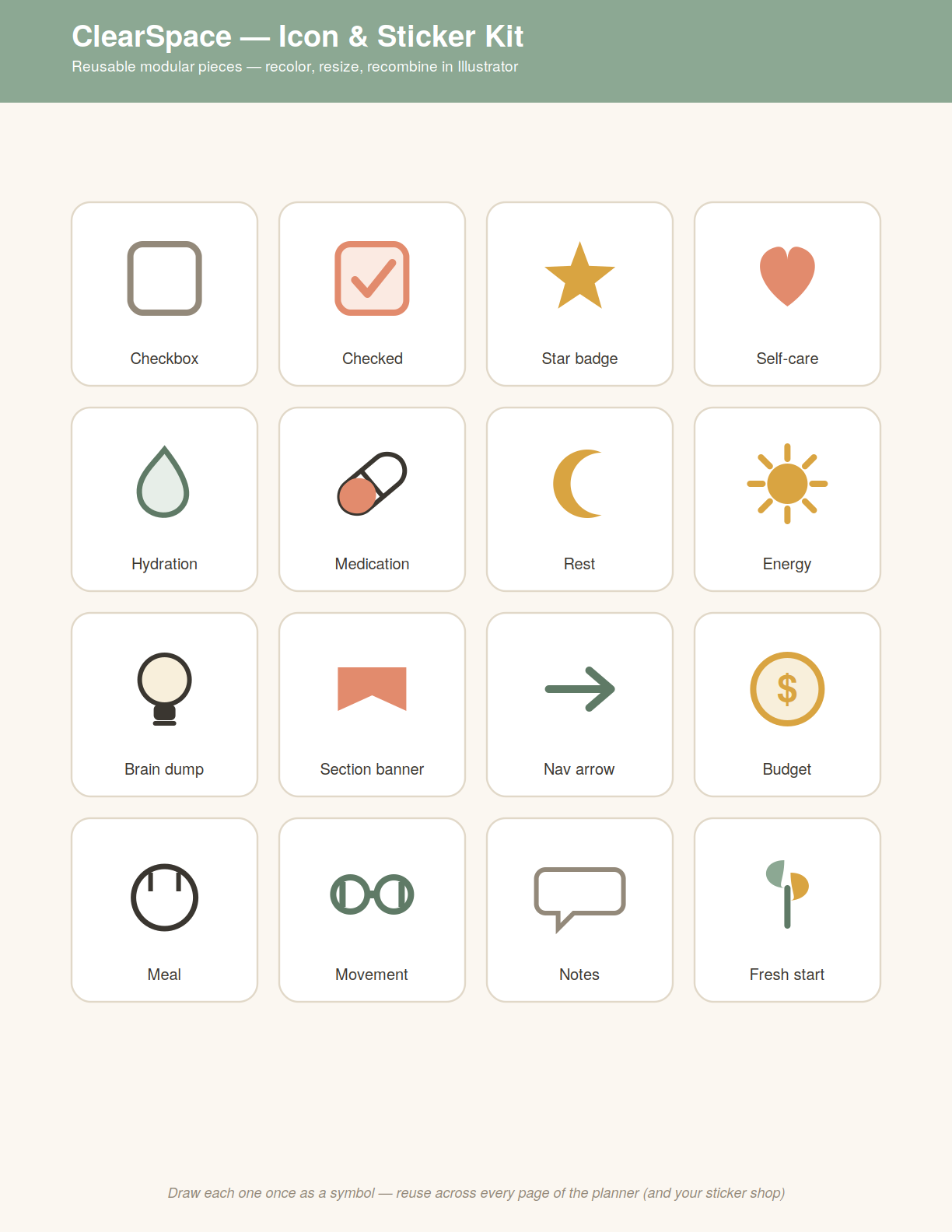 Undated ADHD digital planner for GoodNotes & Notability. 482 hyperlinked pages, habit tracker, brain dump, budget planner + free digital stickers.