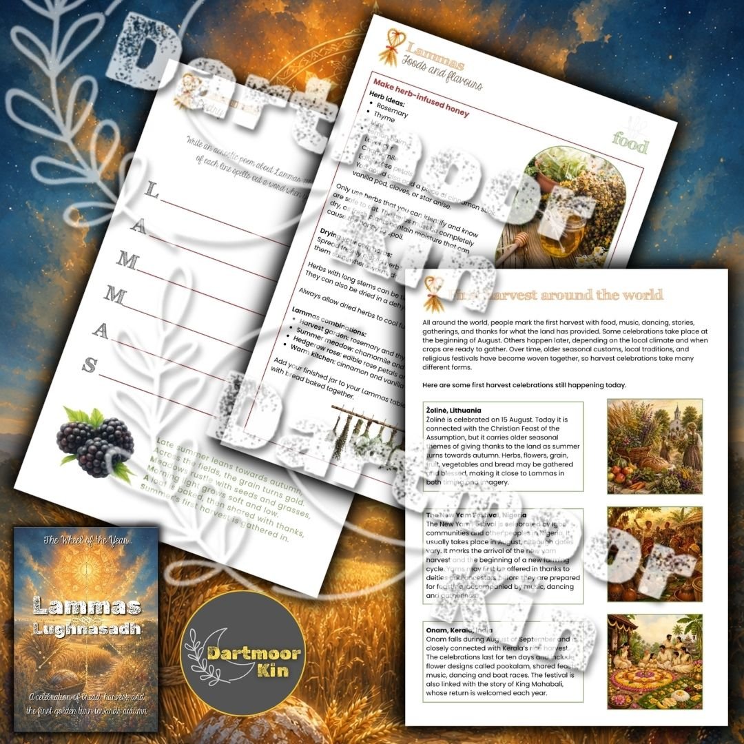 A mixed-age family printable exploring Lammas, Lughnasadh, Lugh, John Barleycorn, first-harvest folklore, crafts, bread, nature walks and reflection.