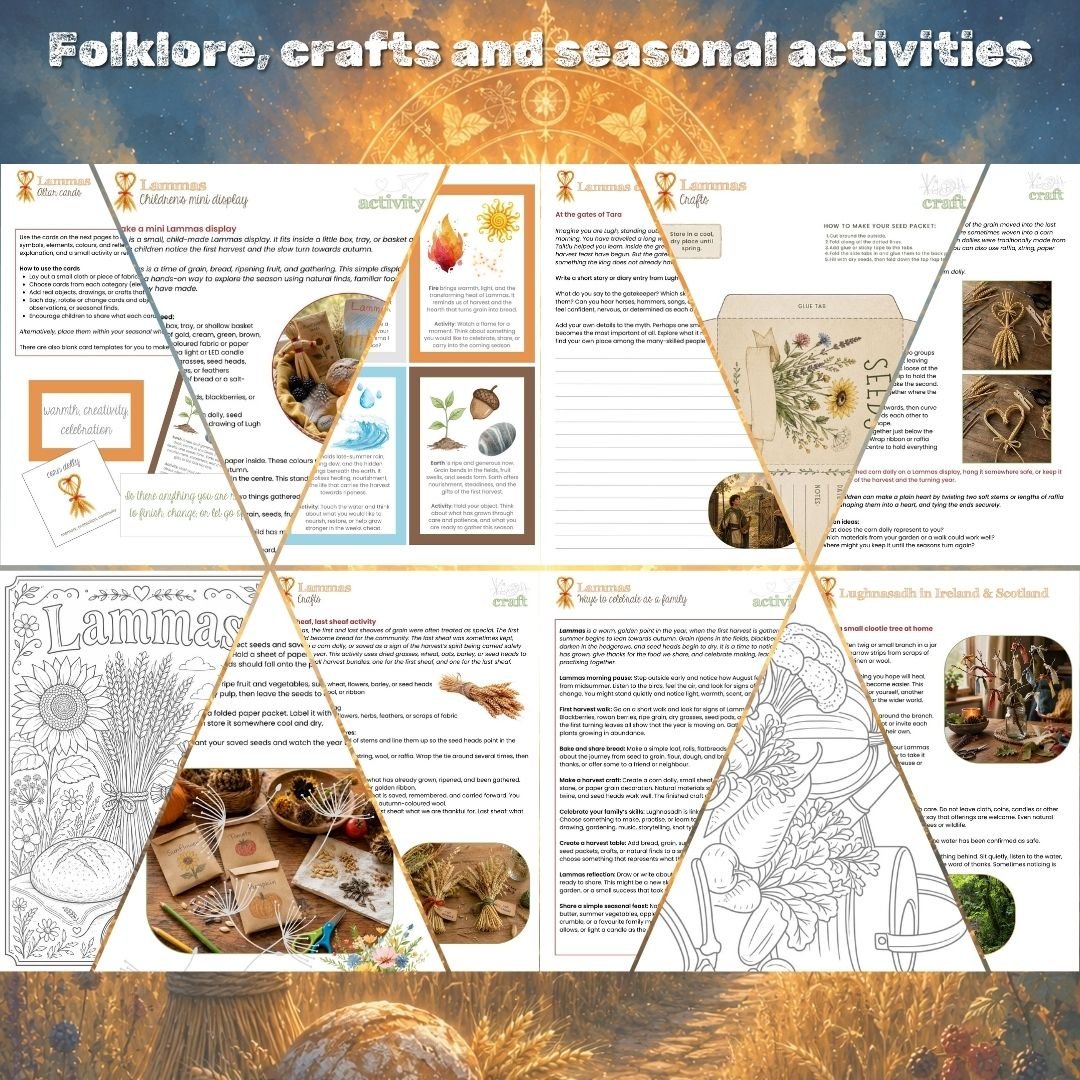 Printable Lammas activity pages featuring Lugh mythology, harvest crafts, nature study, recipes, journalling and colouring activities.