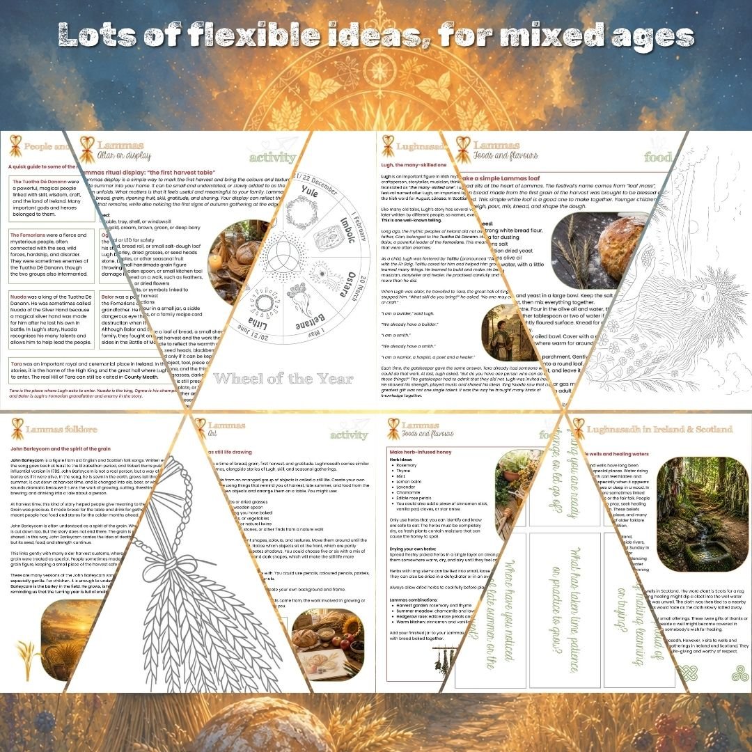 Explore bread, grain, Lugh, John Barleycorn and the first harvest through folklore, nature study, crafts, recipes and reflection.