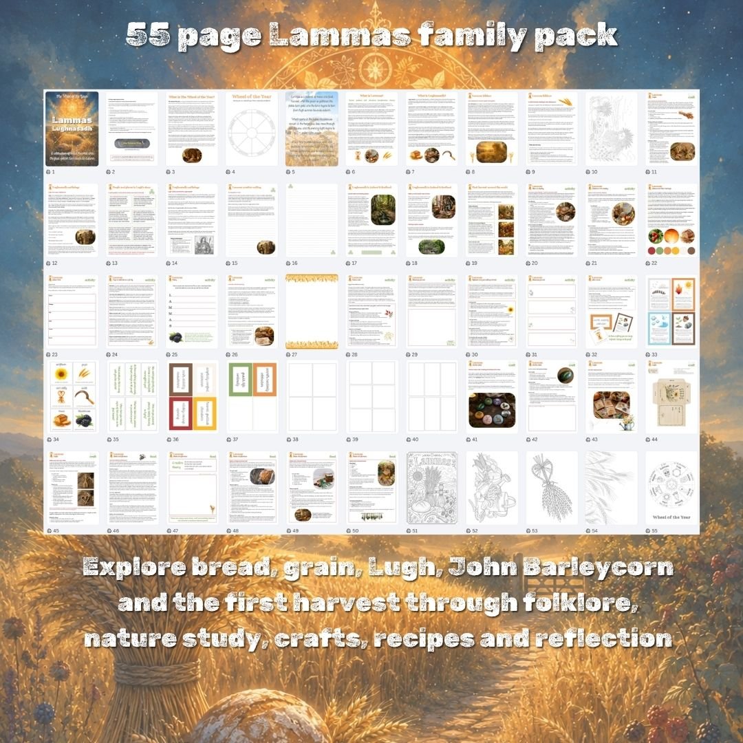 A mixed-age family printable exploring Lammas, Lughnasadh, Lugh, John Barleycorn, first-harvest folklore, crafts, bread, nature walks and reflection.