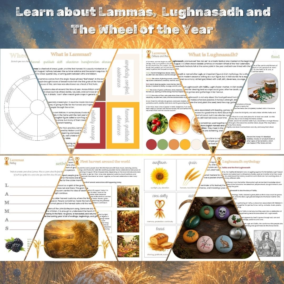 Printable Lammas activity pages featuring Lugh mythology, harvest crafts, nature study, recipes, journalling and colouring activities.