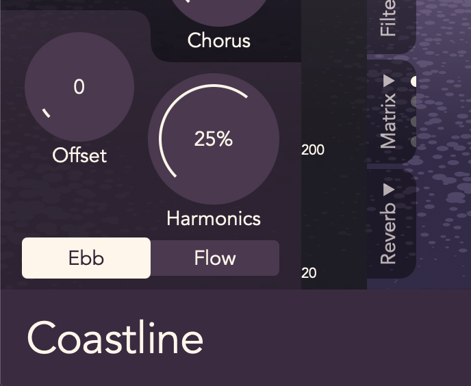 Coastline's Ebb engine, featuring a control for balancing the harmonic and inharmonic parts of sound
