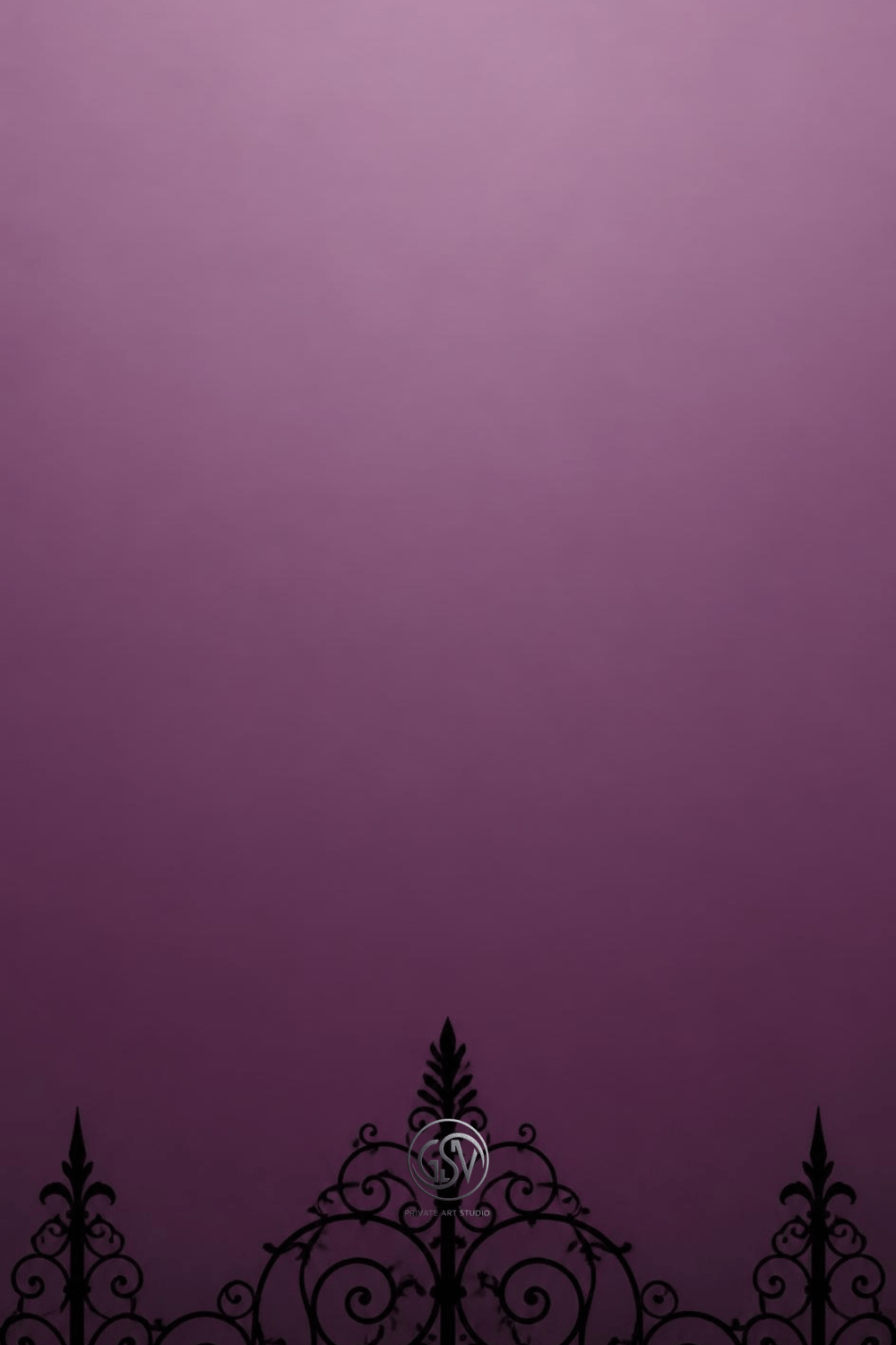 Elegant iron gate silhouette pattern phone wallpaper with a dusty lavender to plum gradient background