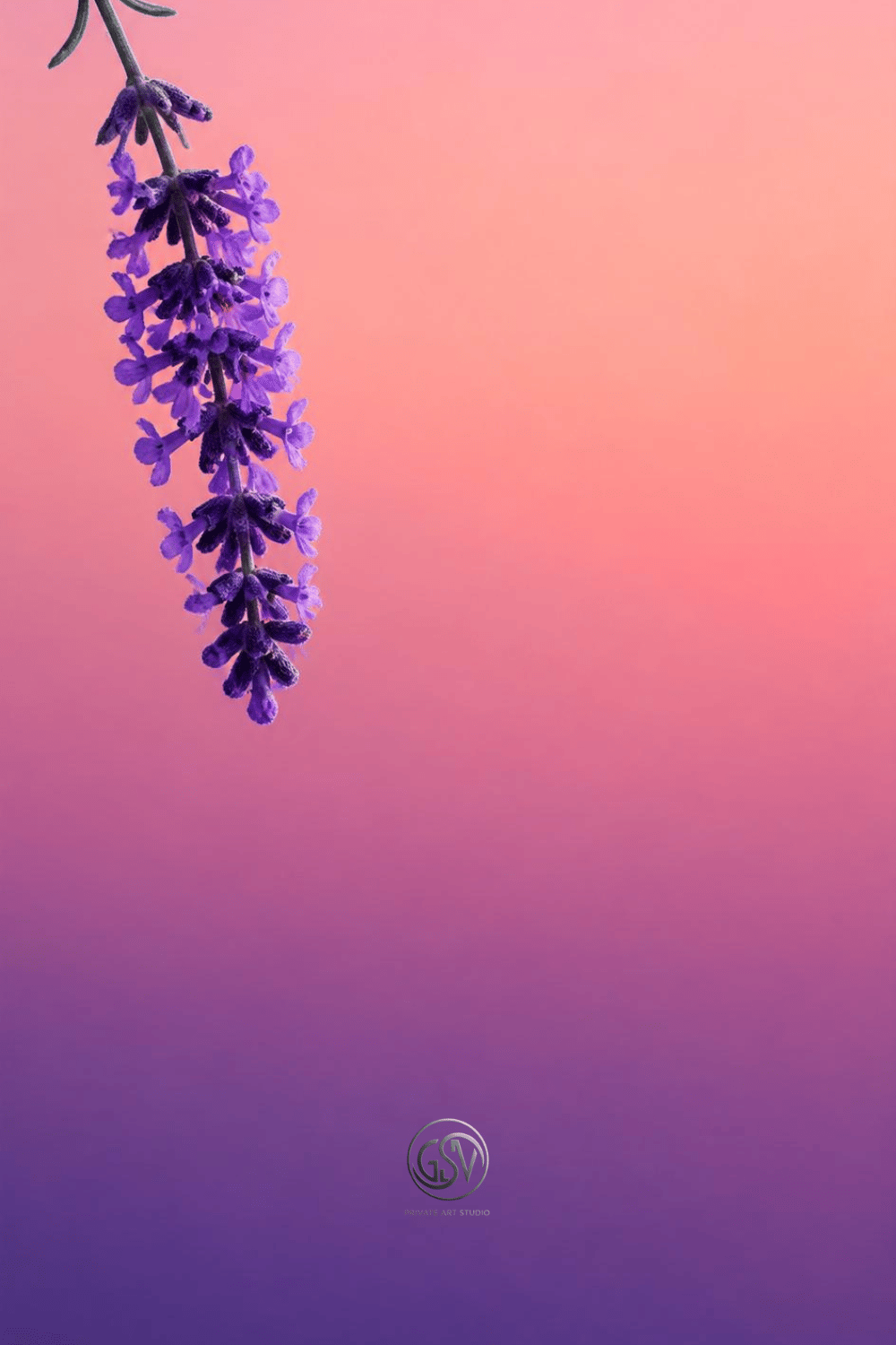 Minimalist phone wallpaper with a single lavender branch against a pink to purple sunset gradient background