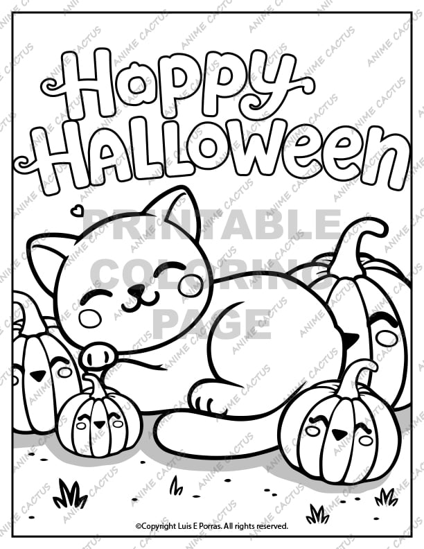 Kawaii Cat and Pumpkins Halloween Coloring Page image