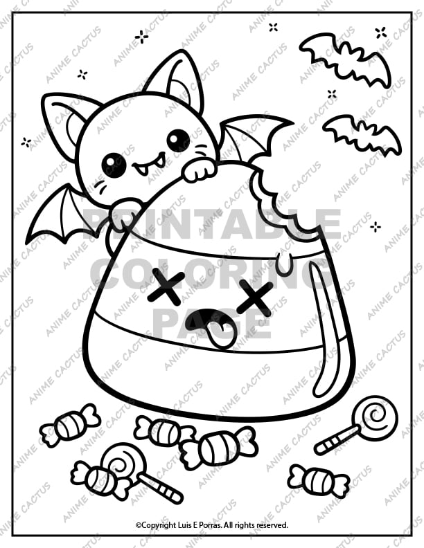 Cute Bat Eating Candy Corn Coloring Page image