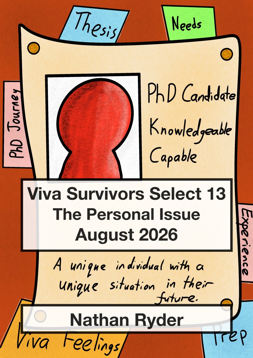 Cover of Viva Survivors Select 13, The Personal Issue, dated August 2026 and by Nathan Ryder. A poster background shows a stylised person with descriptions of what they need for the PhD.