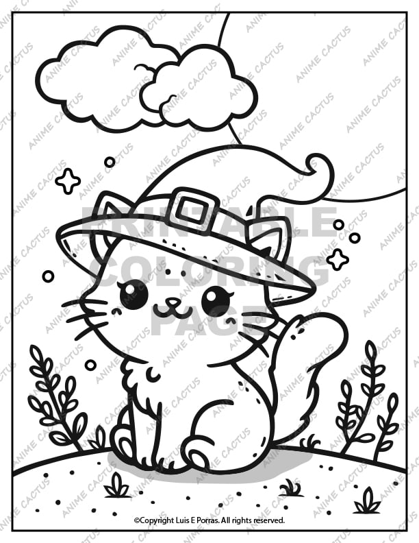 Halloween Witch Kitty Coloring Page image