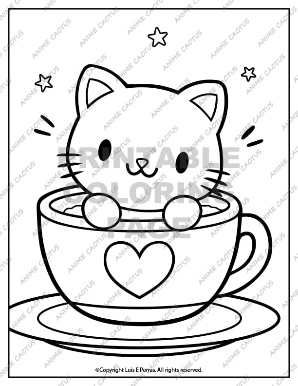 Cute Cat in a Teacup Coloring Page image