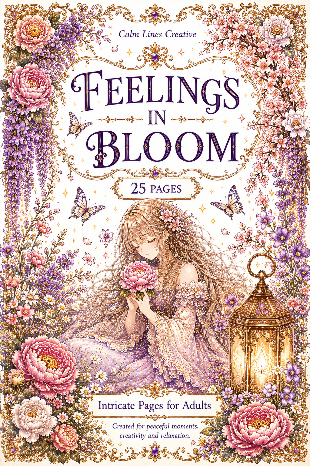 Feelings in Bloom botanical anime coloring book cover for adults featuring elegant flowers and a peaceful anime girl