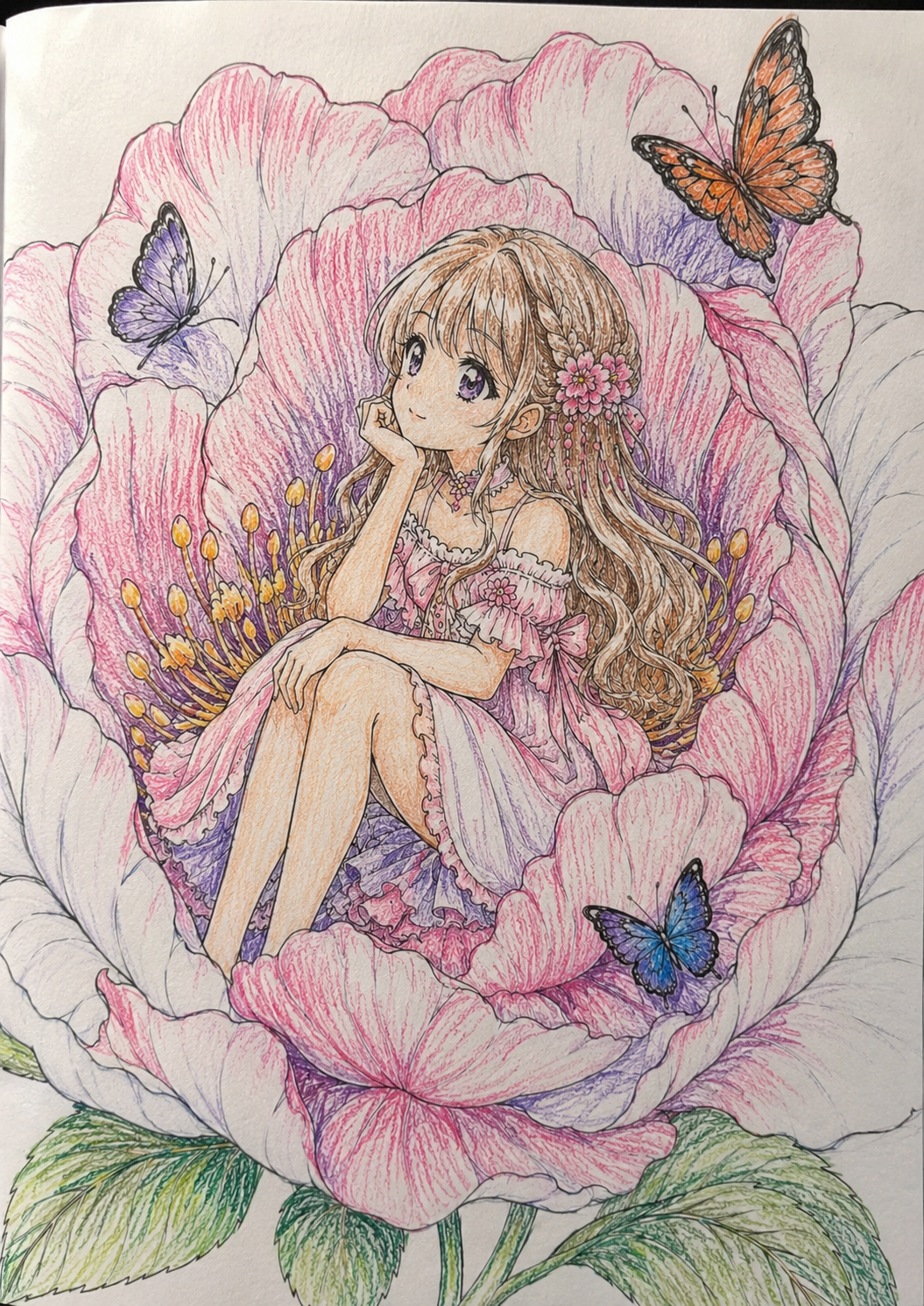 Colored botanical anime coloring page with a dreamy anime girl inside a pink peony flower, realistic colored pencil artwork from the Blooming Dreams Coloring Bundle.