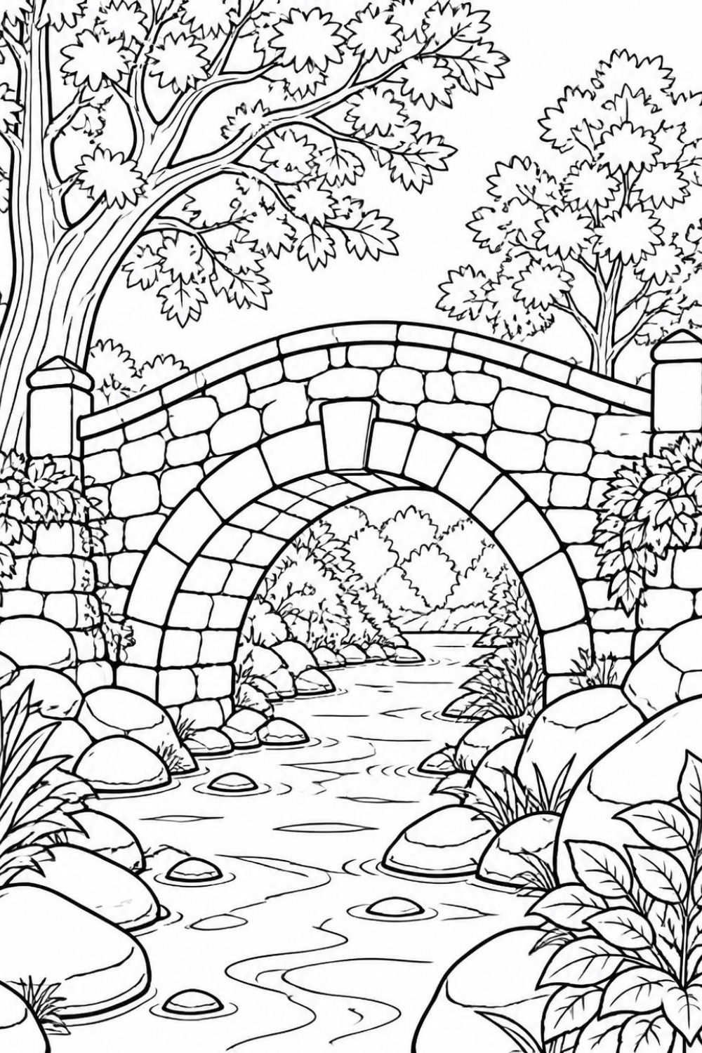 Black and white line art coloring page of an old single-arch stone bridge over a forest stream
