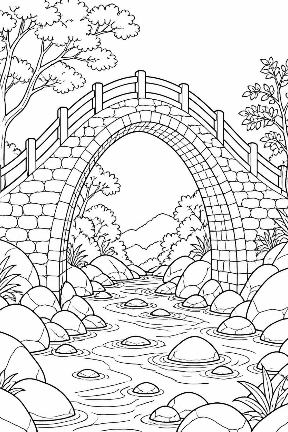 Line art coloring page of an old stone humpback bridge with a tall arch over a rocky stream