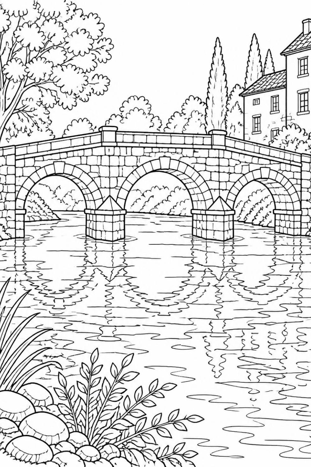 Black and white coloring page of an old stone bridge with three arches crossing a wide river