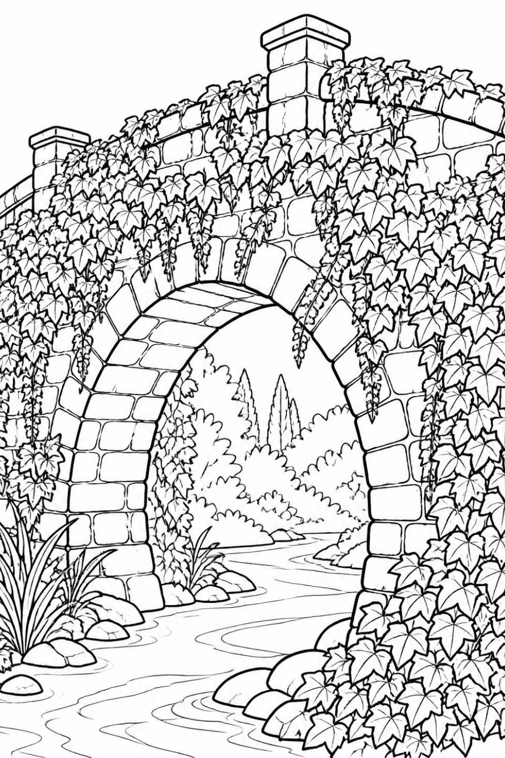 Black and white coloring page of an old stone bridge covered in climbing ivy vines