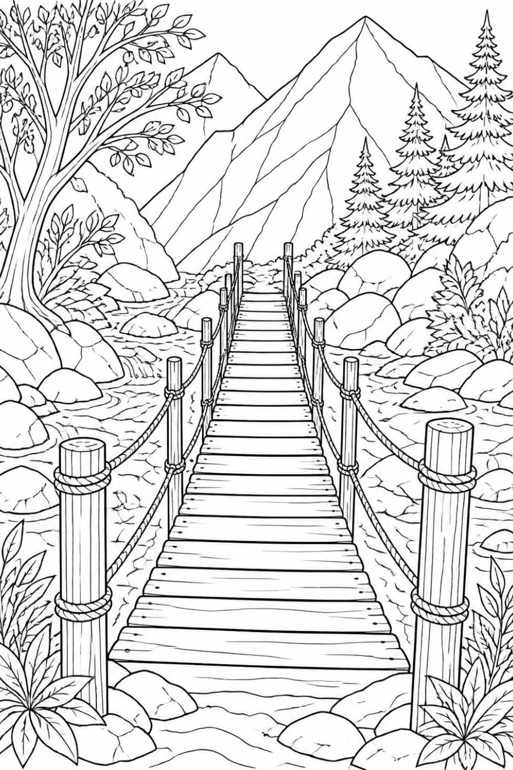 Line art coloring page of a narrow wooden footbridge with rope railings crossing a mountain stream