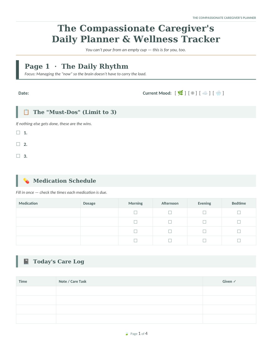 Daily Rhythm page showing medication schedule, mood tracker, top 3 must-dos, and care task log