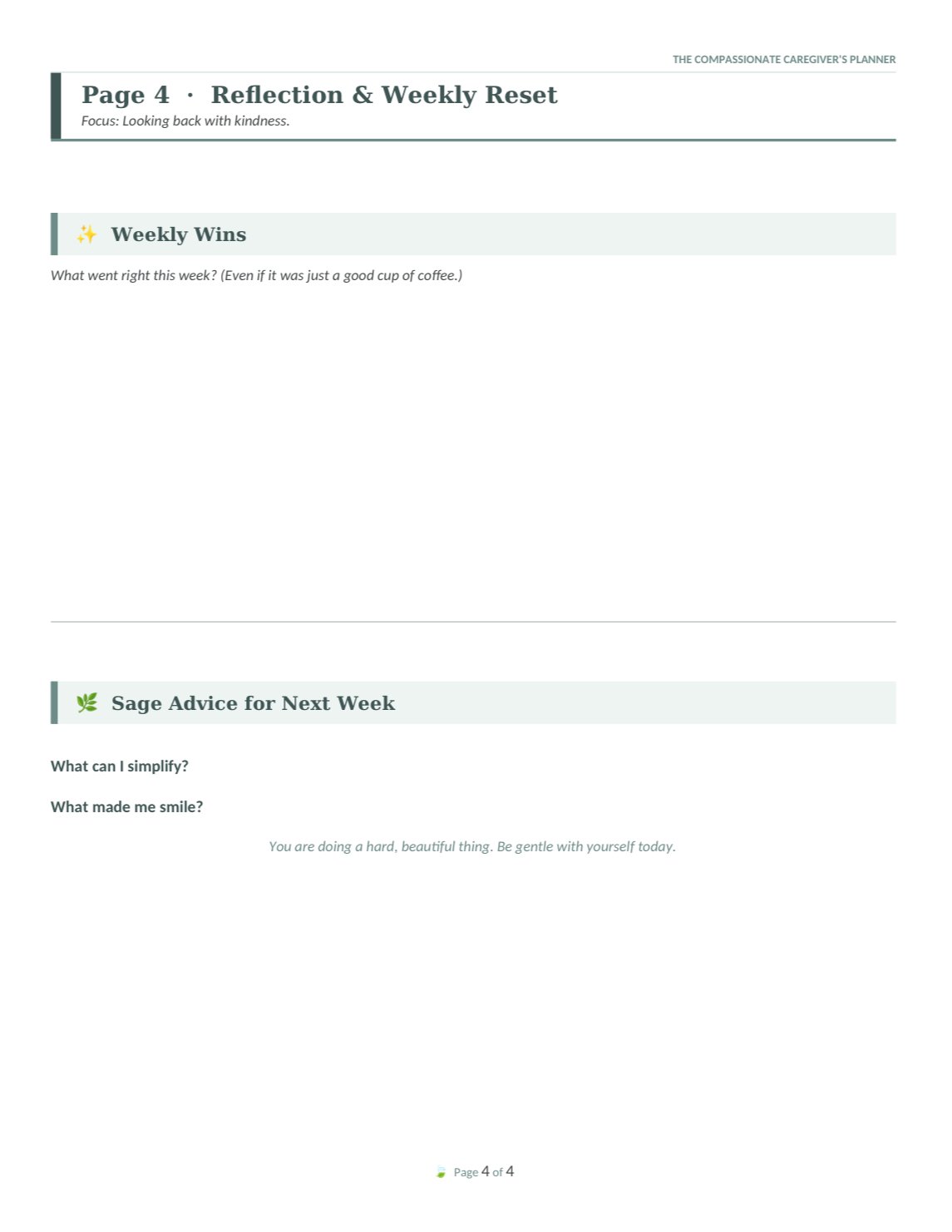Reflection and Weekly Reset page featuring caregiver weekly wins and encouraging affirmations