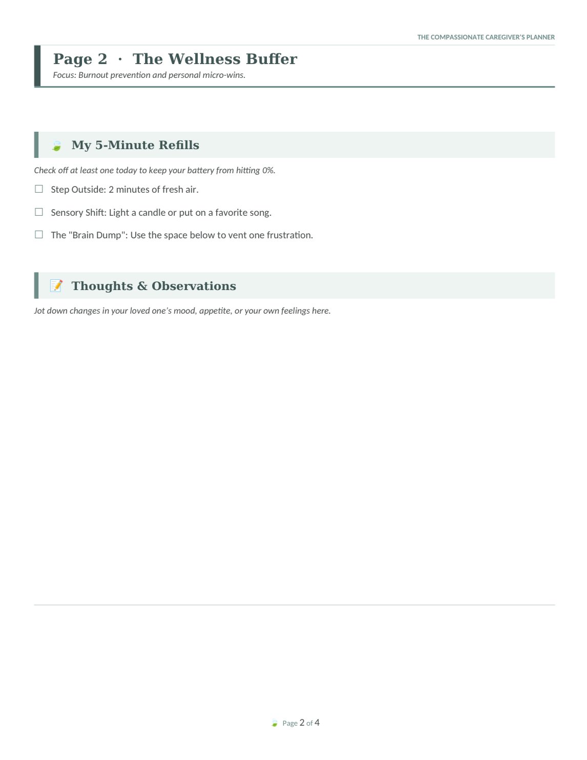 Wellness Buffer burnout prevention page with 5-minute refills and Support Network delegation list
