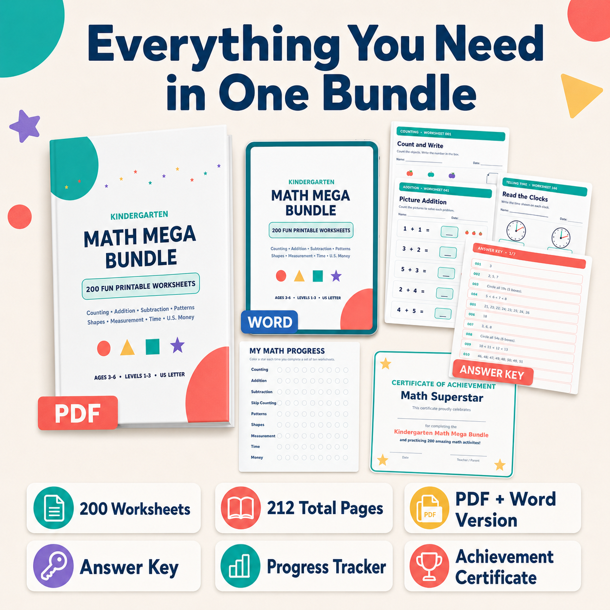 Kindergarten Math Mega Bundle ⭐ 200 Printable Worksheets for Ages 3–6