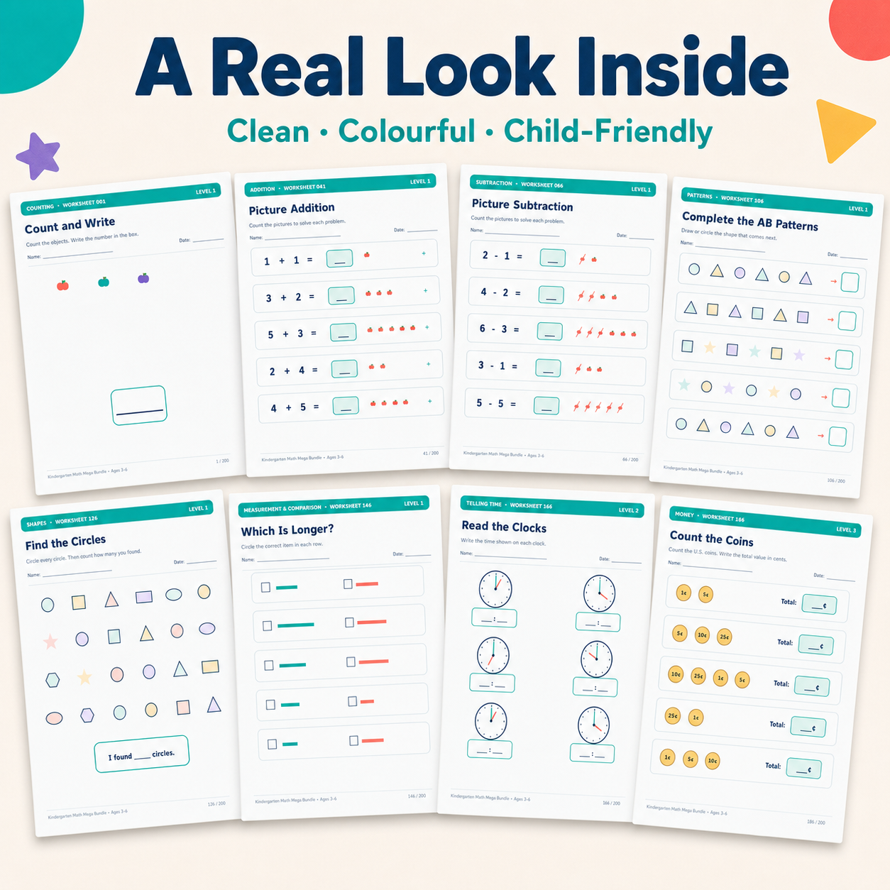 Kindergarten Math Mega Bundle ⭐ 200 Printable Worksheets for Ages 3–6