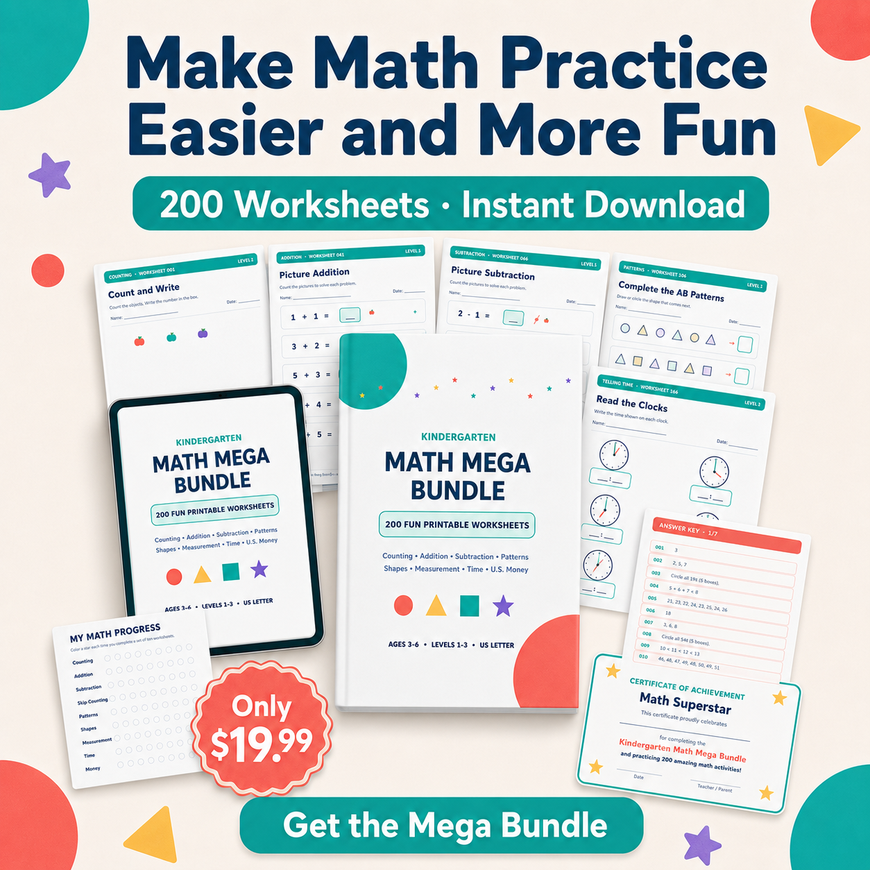 Kindergarten Math Mega Bundle ⭐ 200 Printable Worksheets for Ages 3–6