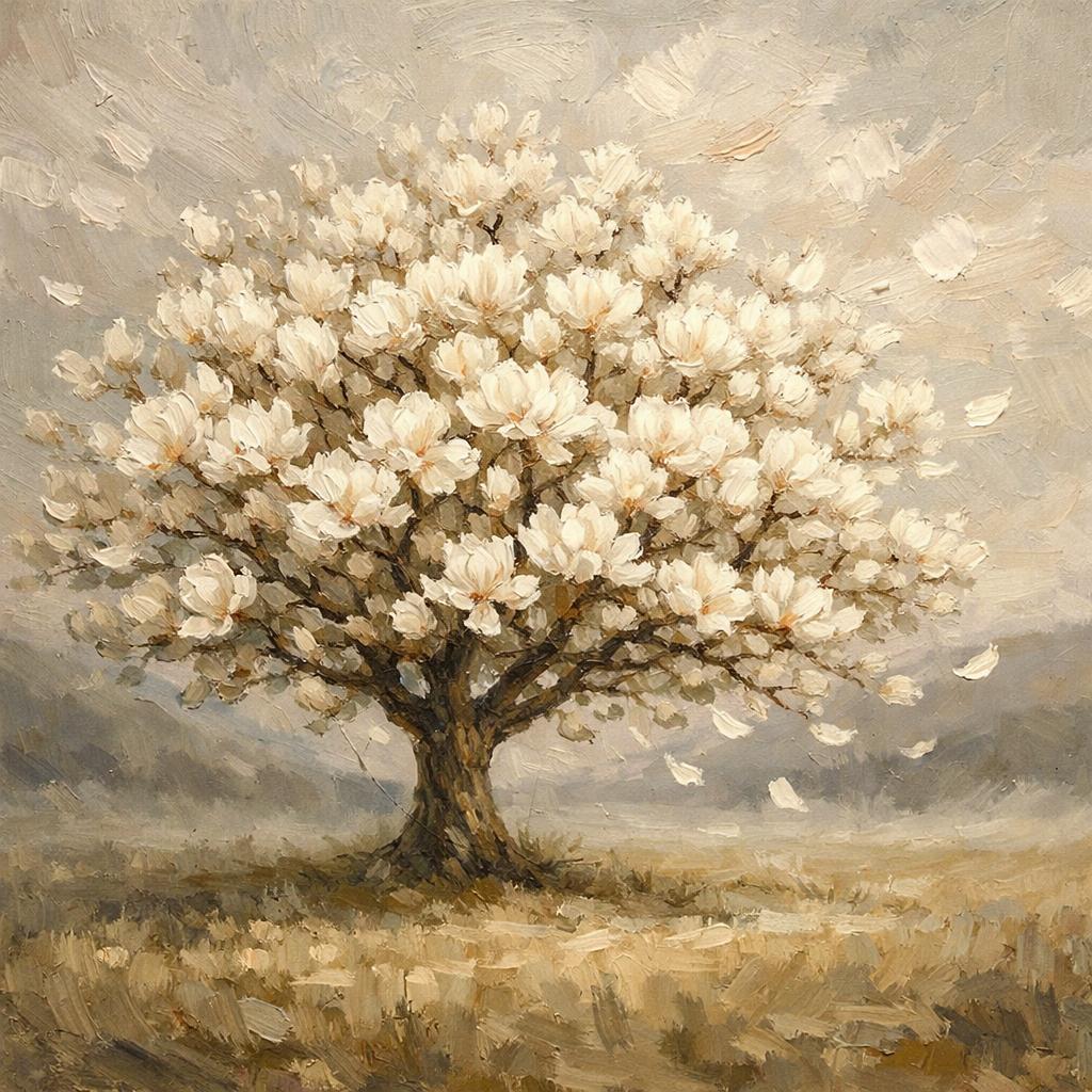 Flowering tree with soft white blossoms in a peaceful neutral landscape, printable wall art for farmhouse and modern home decor.