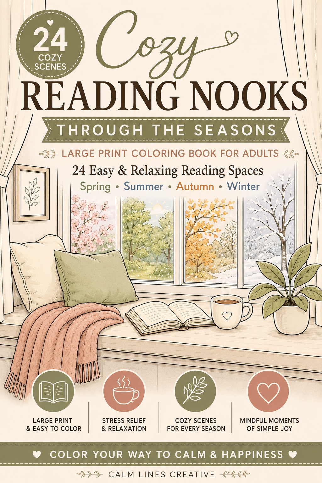 Cozy Reading Nooks large print coloring book cover, 24 seasonal reading nook designs for adults, printable PDF