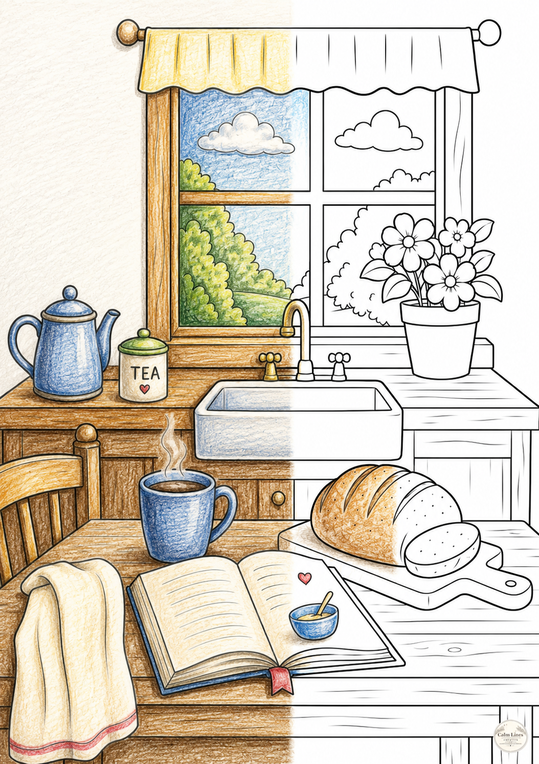 Cozy kitchen window reading nook colored sample, showing how the large print coloring page looks when colored in