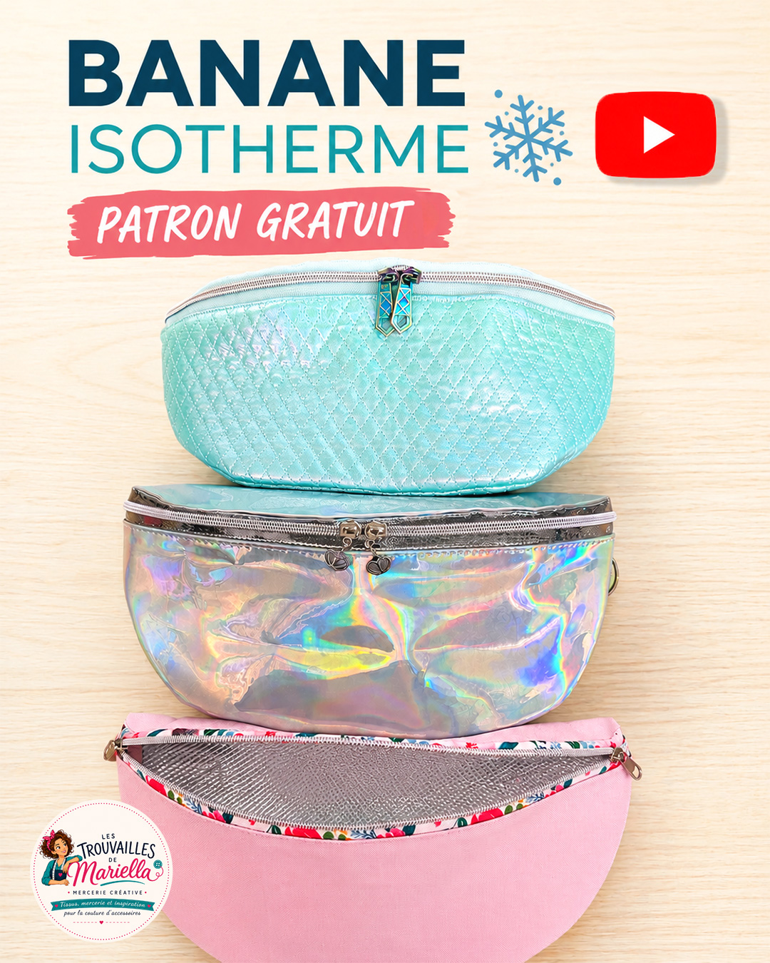 Patron gratuit de banane isotherme à coudre avec trois modèles réalisés dans différentes matières : toile déperlante, tissu matelassé et simili miroir.