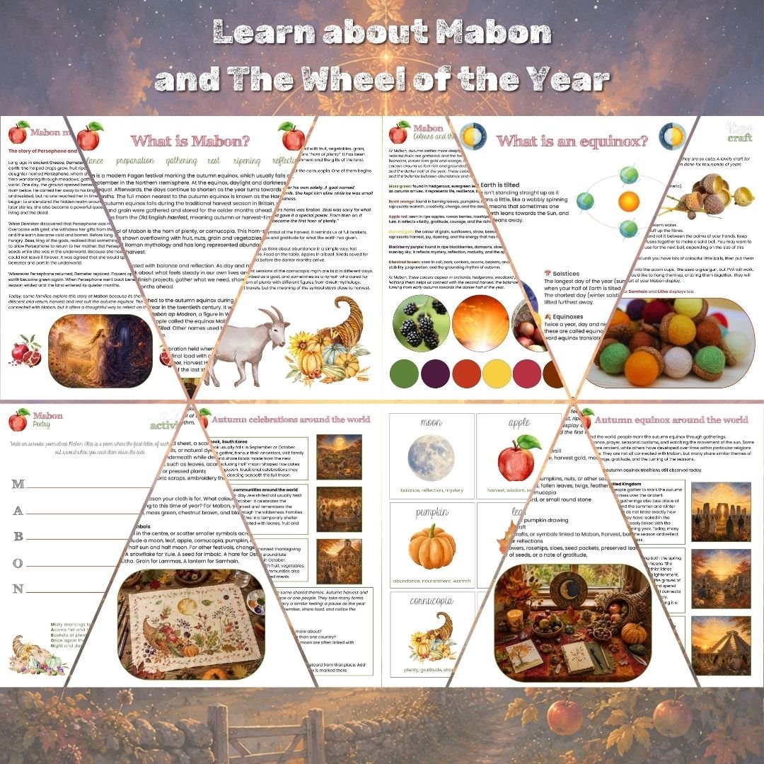 Explore Mabon with this printable autumn equinox pack for families, including folklore, crafts, recipes, nature study, colouring pages, journalling prompts and seasonal activities.