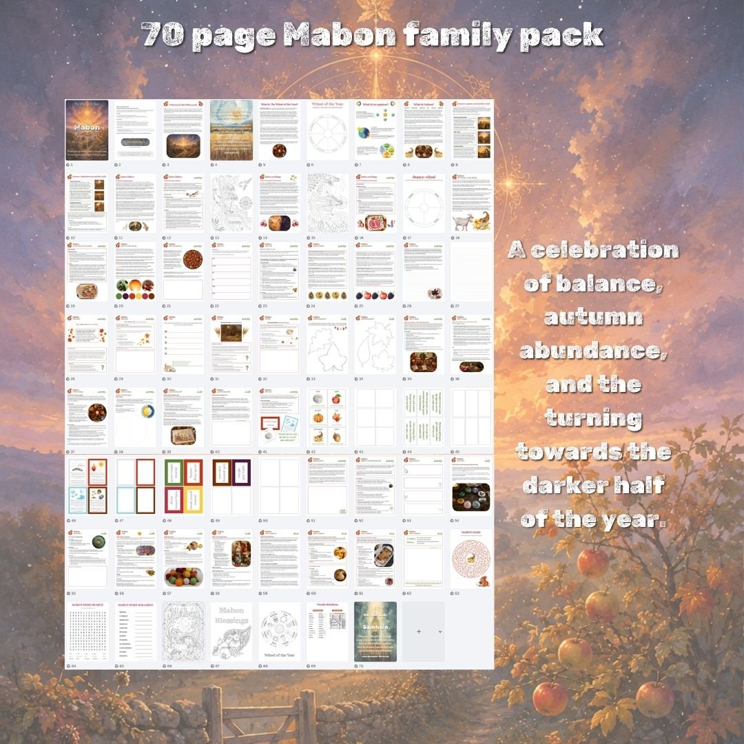A printable Mabon Pack for families, with autumn equinox activities, folklore, crafts, recipes, colouring pages, nature study, journalling prompts and seasonal learning ideas. Created for home education, Wheel of the Year celebrations and nature-connected