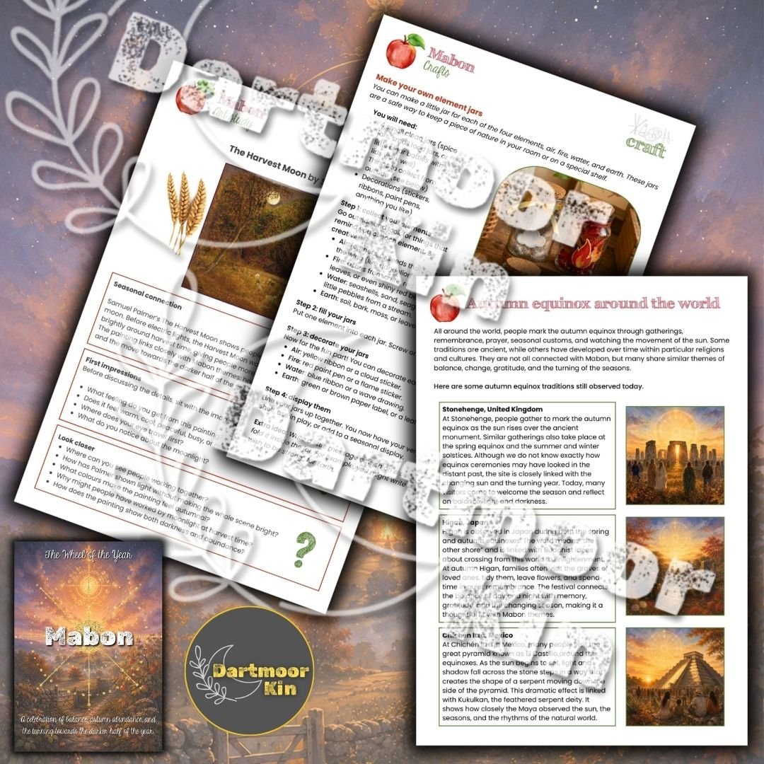 Explore Mabon with this printable autumn equinox pack for families, including folklore, crafts, recipes, nature study, colouring pages, journalling prompts and seasonal activities.