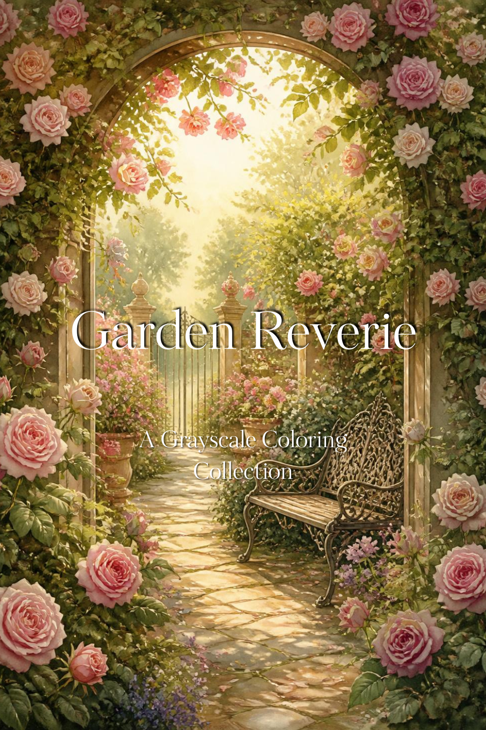 Garden Reverie grayscale coloring book cover with roses and iron bench