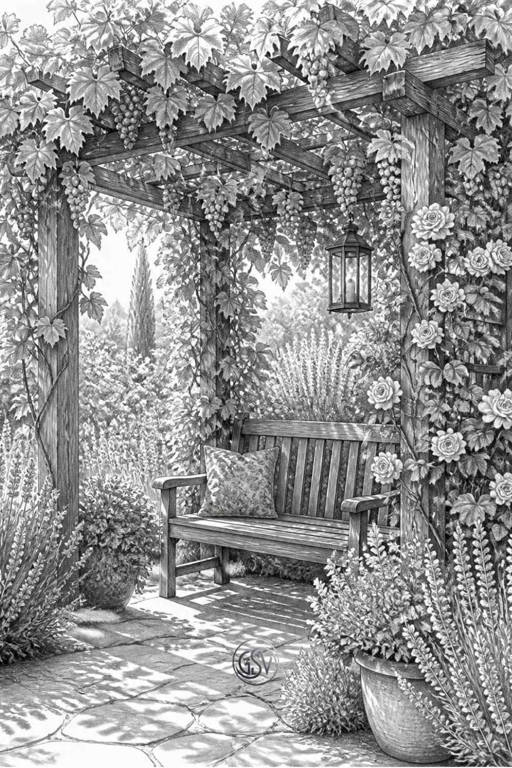 Grayscale coloring page of a rustic pergola with grapevines and a wooden bench