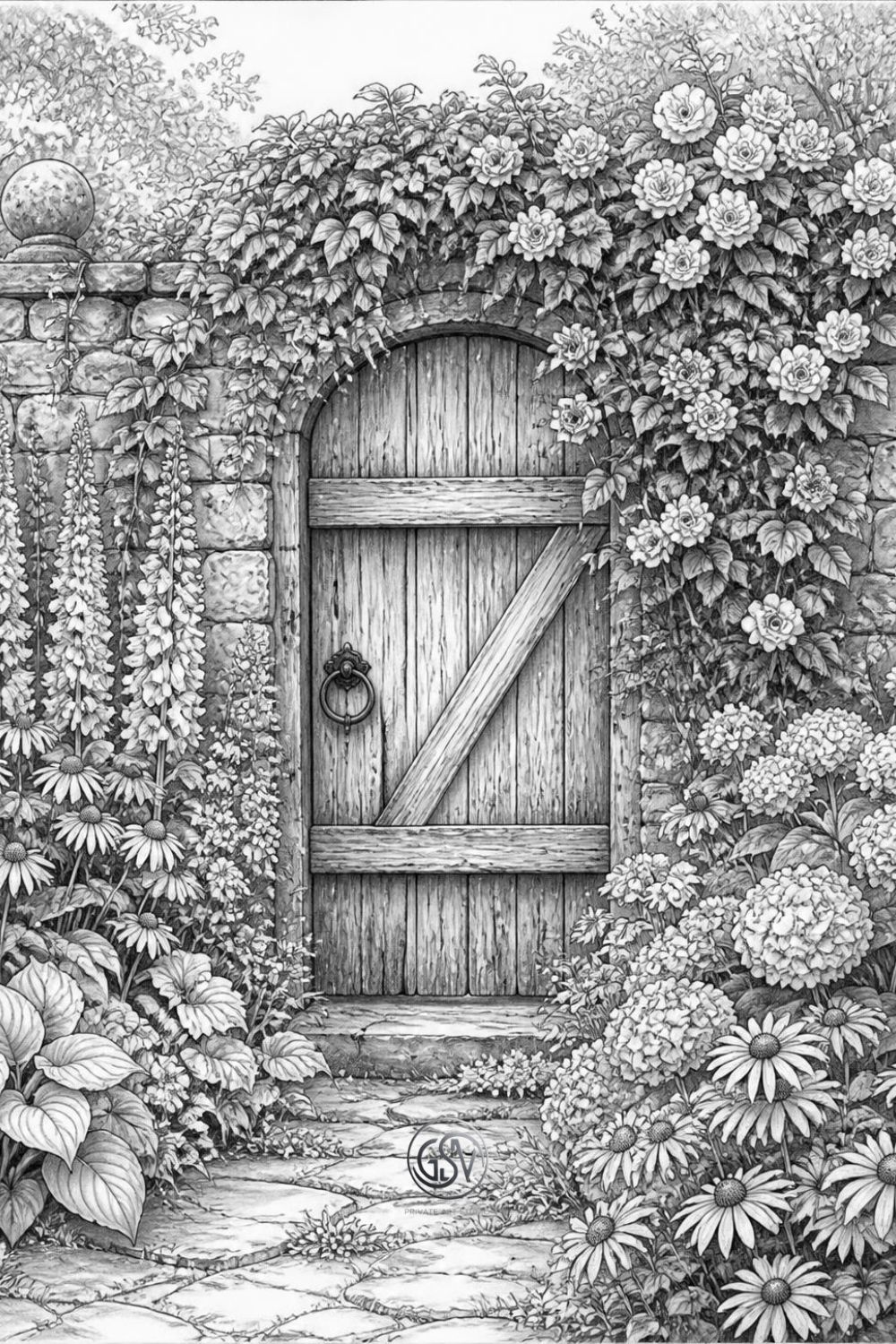 Grayscale coloring page of a weathered garden gate covered in ivy