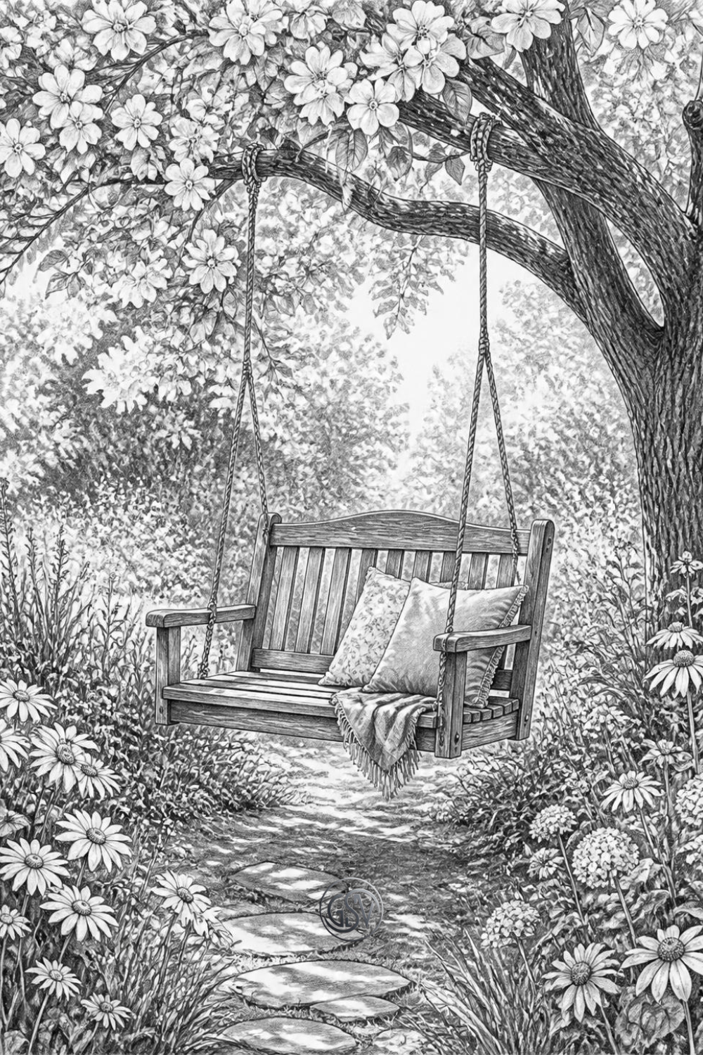 Grayscale coloring page of a wooden garden swing under a flowering tree