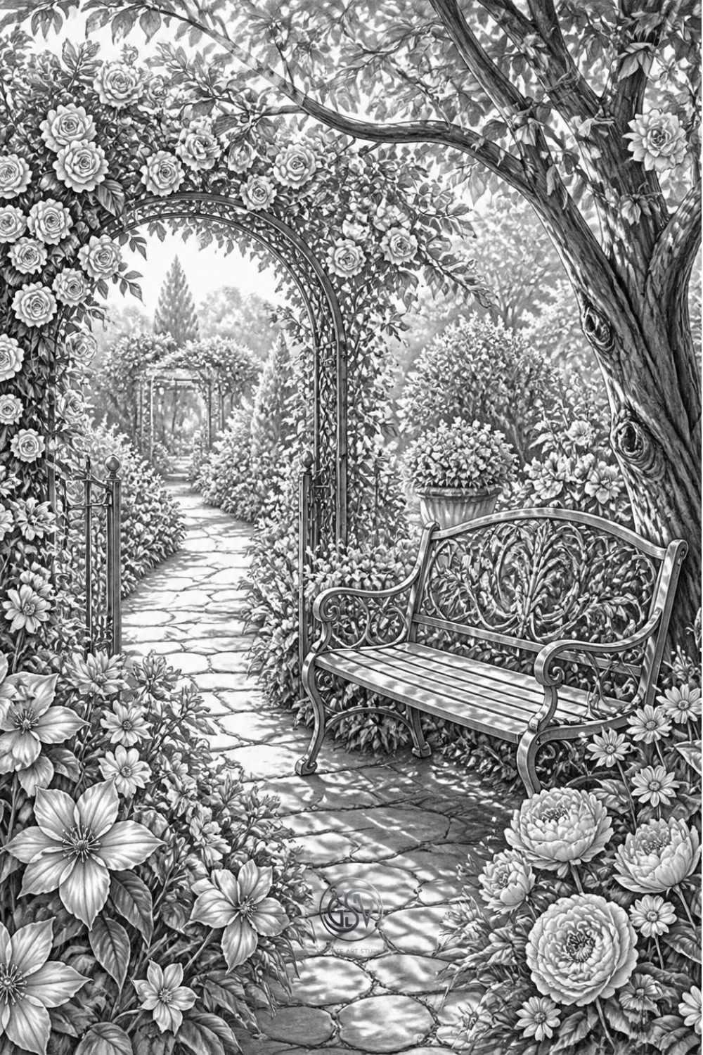 Grayscale coloring page of an iron garden bench beneath a flowering archway