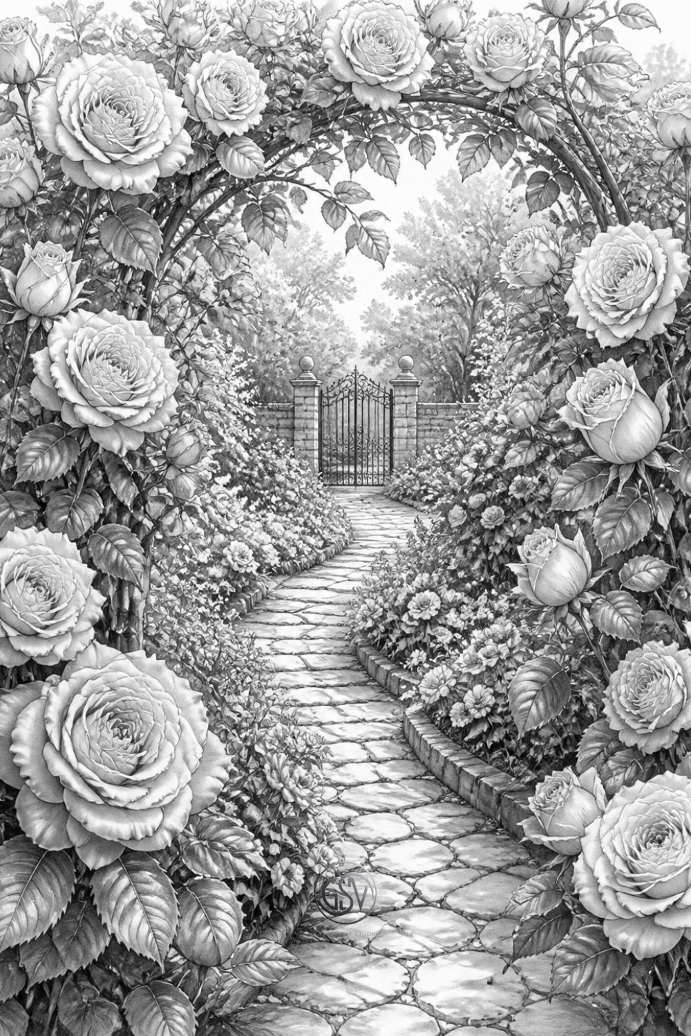 Grayscale coloring page of a stone path through a blooming rose garden