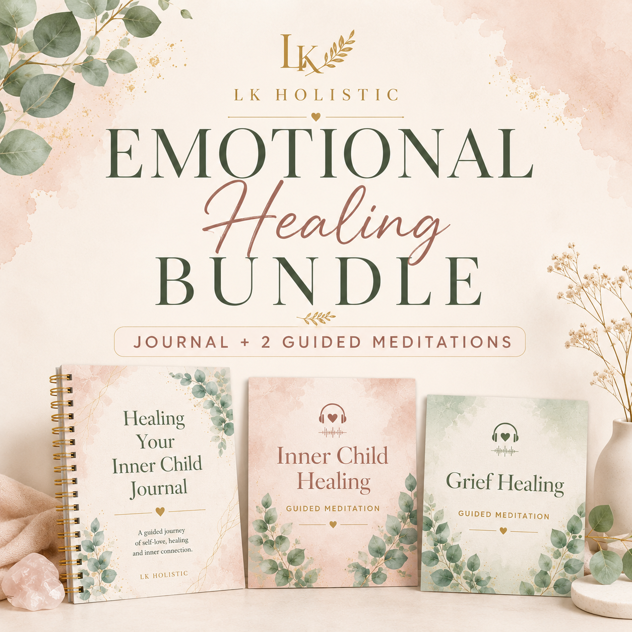 Emotional Healing Bundle including an inner child healing journal, inner child guided meditation and grief healing guided meditation by LK Holistic.