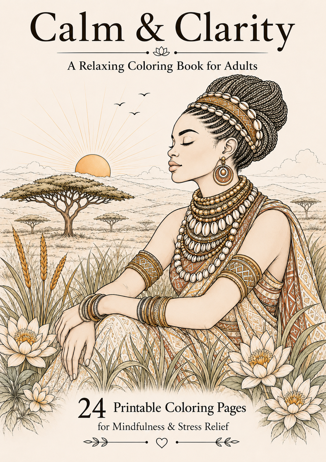 Cover of the Calm & Clarity adult coloring book with a peaceful African woman sitting in the savanna at sunrise. Features 24 printable coloring pages designed for relaxation, mindfulness and stress relief.