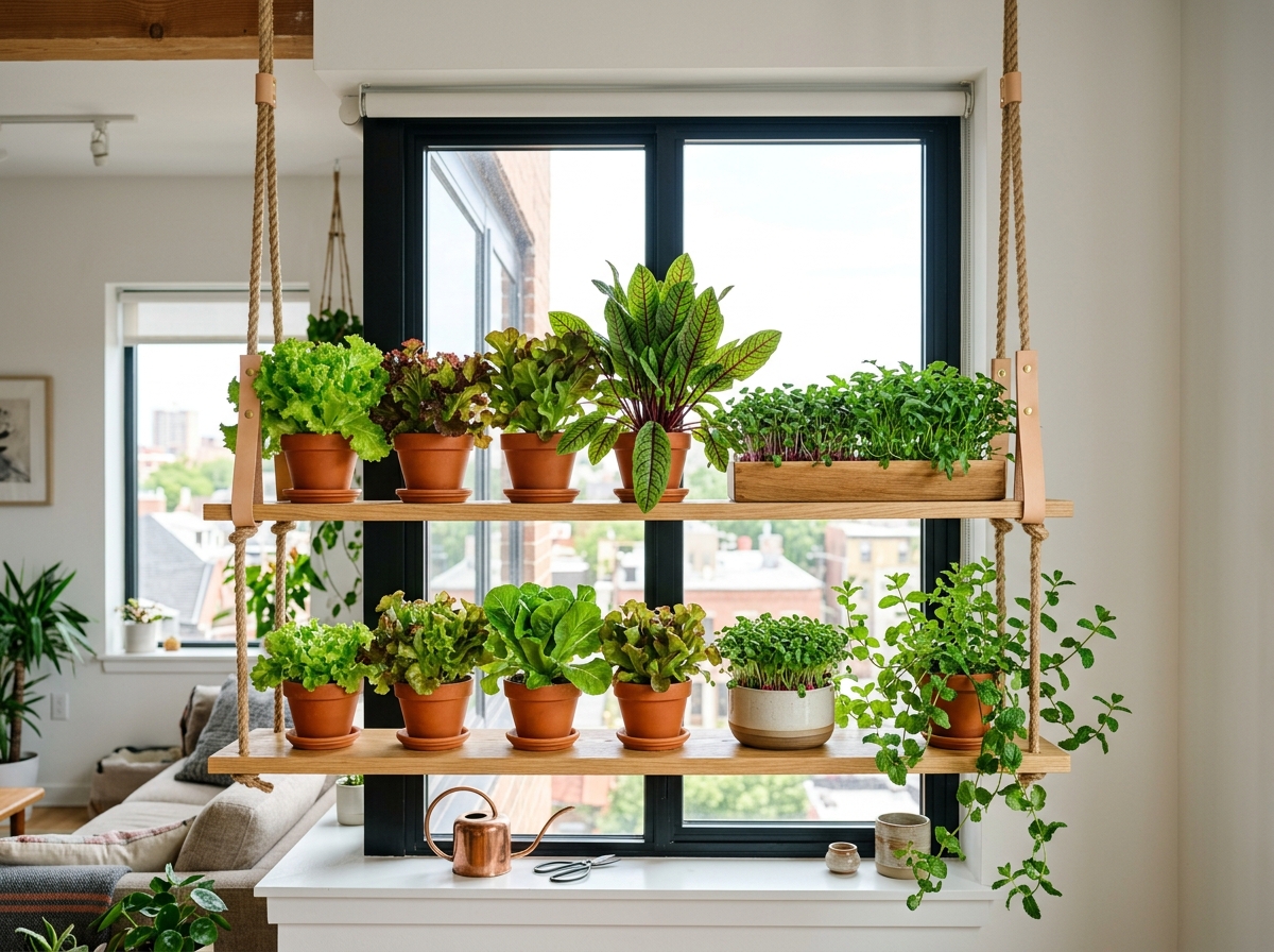 A multi-tiered wooden hanging shelf unit displaying a variety of potted lettuce, leafy greens, and mint in front of a bright window. This space-saving design maximizes natural window light for optimal indoor crop production.