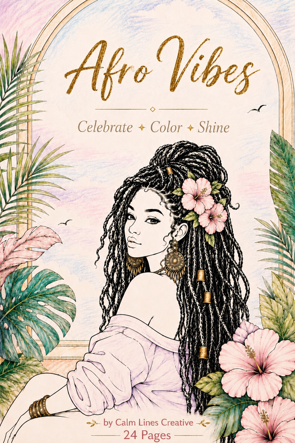 Afro Vibes coloring book cover featuring an illustrated Black woman with braided hair and hibiscus flowers, 24 printable coloring pages